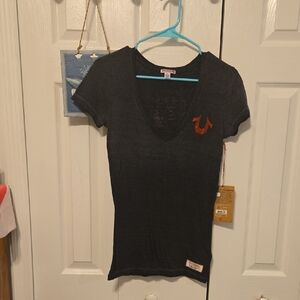 True Religion Charcoal V-Neck Tee with Red Logo